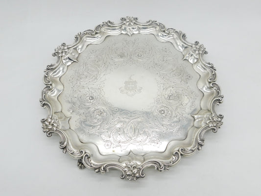 Large William IV Sterling Silver Floral Crested Salver Dish 1837 London Antique