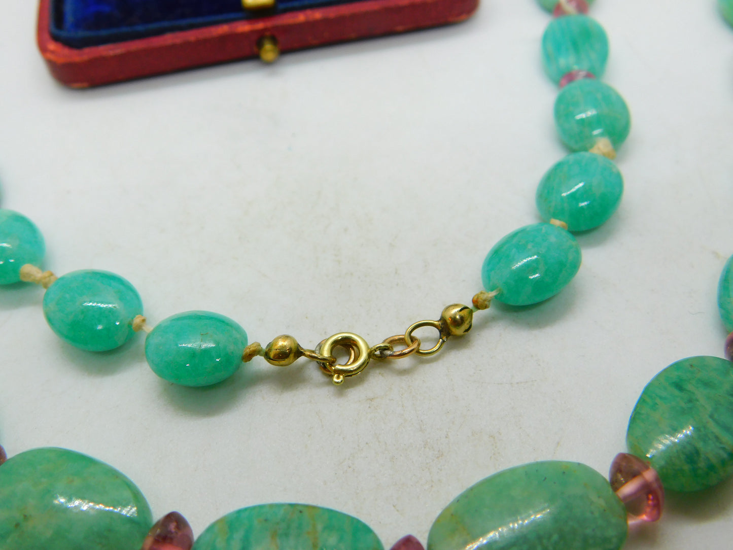 14ct Gold Green Chrysoprase and Rose Quartz Bead Necklace Antique Art Deco c1920