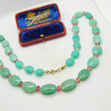 14ct Gold Green Chrysoprase and Rose Quartz Bead Necklace Antique Art Deco c1920