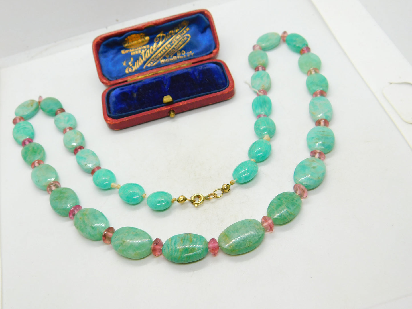 14ct Gold Green Chrysoprase and Rose Quartz Bead Necklace Antique Art Deco c1920