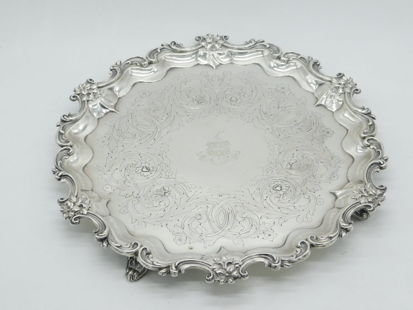 Large William IV Sterling Silver Floral Crested Salver Dish 1837 London Antique