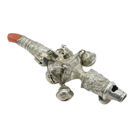 George III Sterling Silver & Coral Baby Bell Rattle Teether Antique c1800