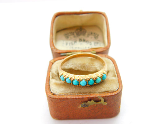 9ct Yellow Gold Seven Stone Turquoise Half Eternity Ring Vintage c1990 London