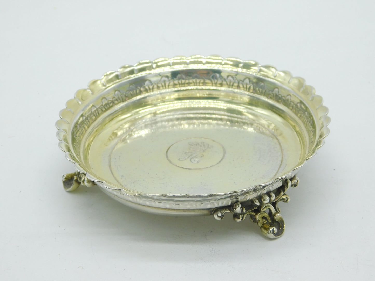 Hunt & Roskell Sterling Silver Gilded Glass Coaster Dish 1910 London Antique