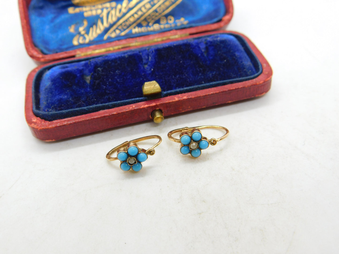 Turquoise and Seed Pearl 14ct Yellow Gold Drop Pendant Earrings Antique Victorian c1890