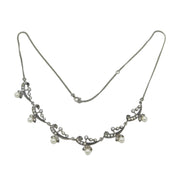 Sterling Silver, Paste & Pearl Set Floral Spray Necklace Antique c1930 Art Deco