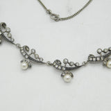 Sterling Silver, Paste & Pearl Set Floral Spray Necklace Antique c1930 Art Deco