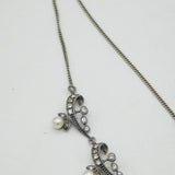 Sterling Silver, Paste & Pearl Set Floral Spray Necklace Antique c1930 Art Deco