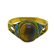 Chinese Sterling Silver Gilt, Cabochon Tiger's Eye & Enamel Floral Dress Ring c1950