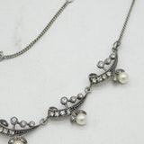 Sterling Silver, Paste & Pearl Set Floral Spray Necklace Antique c1930 Art Deco