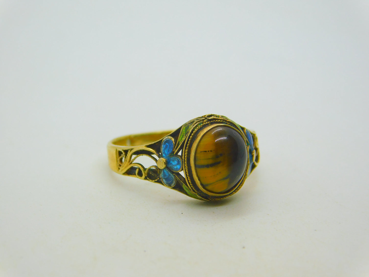Chinese Sterling Silver Gilt, Cabochon Tiger's Eye & Enamel Floral Dress Ring c1950