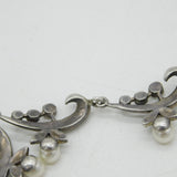 Sterling Silver, Paste & Pearl Set Floral Spray Necklace Antique c1930 Art Deco