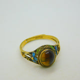 Chinese Sterling Silver Gilt, Cabochon Tiger's Eye & Enamel Floral Dress Ring c1950