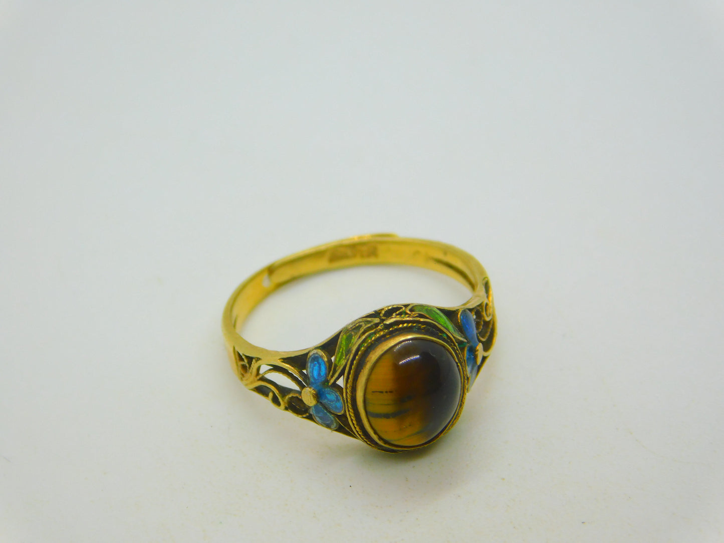 Chinese Sterling Silver Gilt, Cabochon Tiger's Eye & Enamel Floral Dress Ring c1950