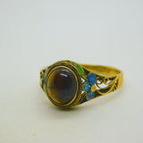 Chinese Sterling Silver Gilt, Cabochon Tiger's Eye & Enamel Floral Dress Ring c1950