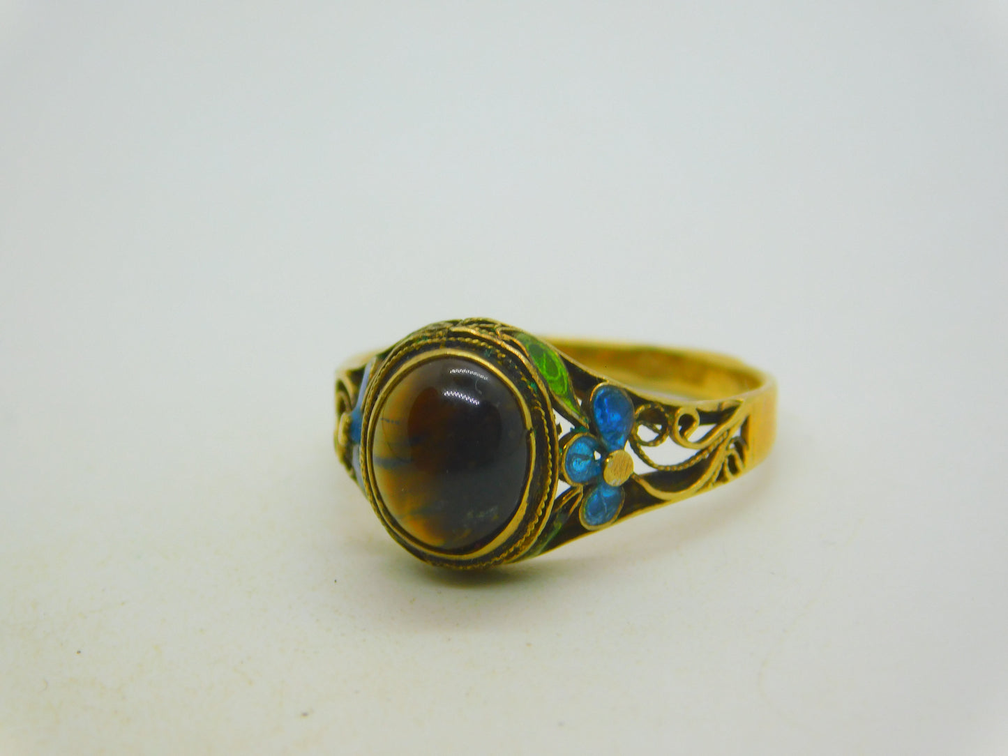 Chinese Sterling Silver Gilt, Cabochon Tiger's Eye & Enamel Floral Dress Ring c1950