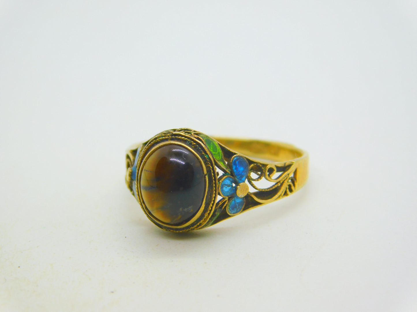 Chinese Sterling Silver Gilt, Cabochon Tiger's Eye & Enamel Floral Dress Ring c1950
