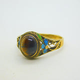 Chinese Sterling Silver Gilt, Cabochon Tiger's Eye & Enamel Floral Dress Ring c1950