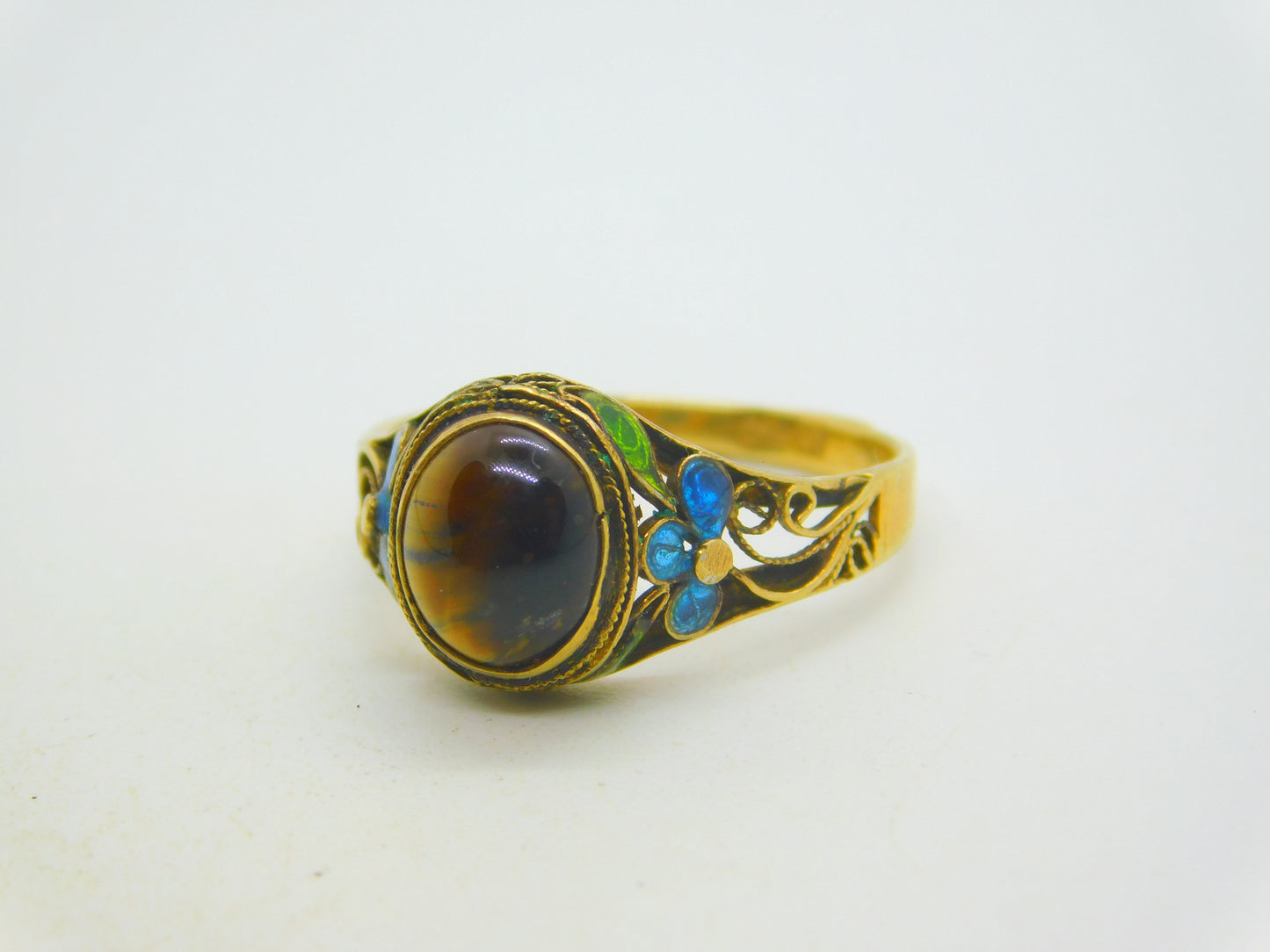 Chinese Sterling Silver Gilt, Cabochon Tiger's Eye & Enamel Floral Dress Ring c1950