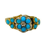 Victorian 15ct Yellow Gold, Turquoise & Diamond Floral Cluster Ring Antique