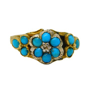 Victorian 15ct Yellow Gold, Turquoise & Diamond Floral Cluster Ring Antique