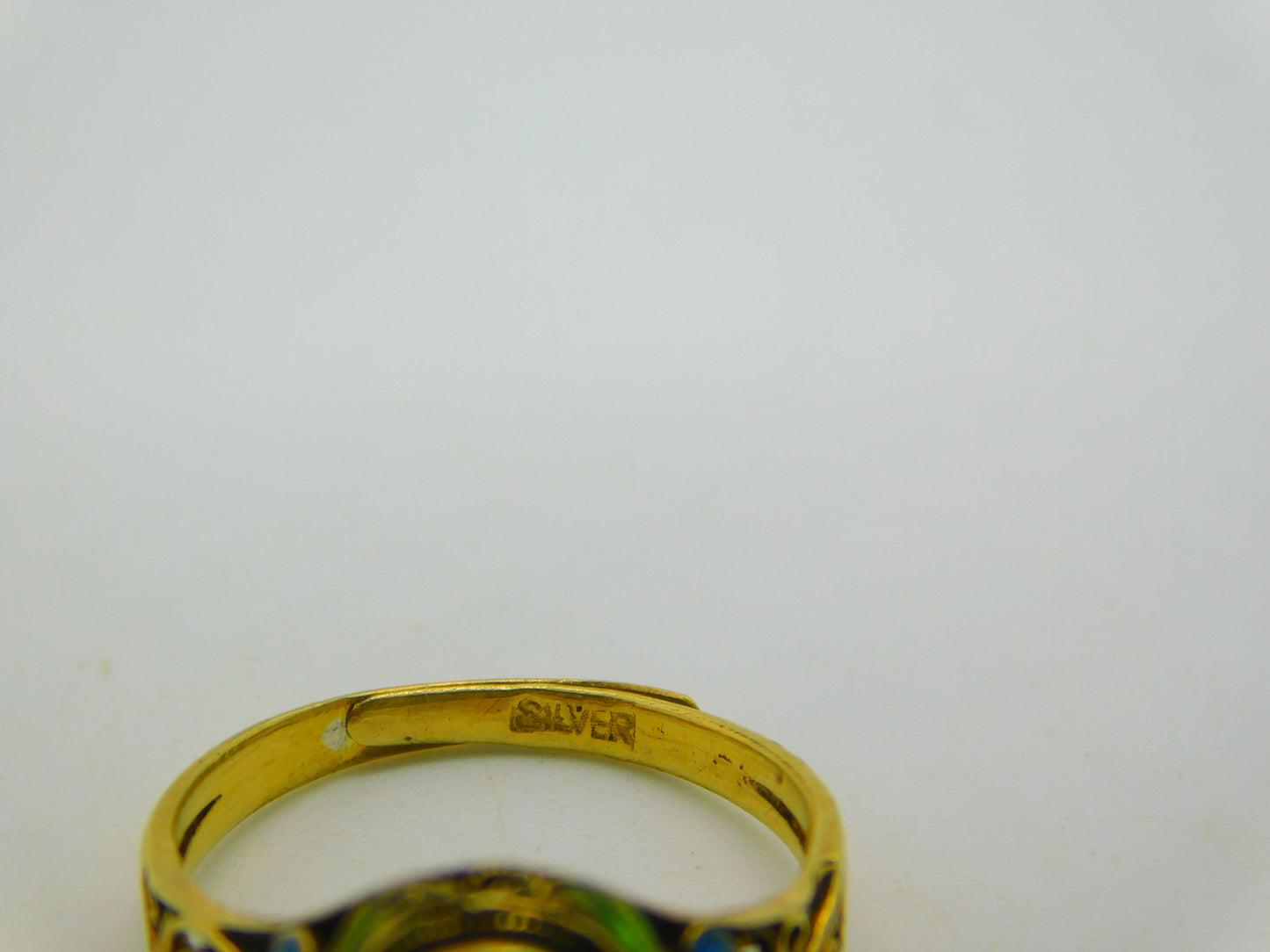 Chinese Sterling Silver Gilt, Cabochon Tiger's Eye & Enamel Floral Dress Ring c1950