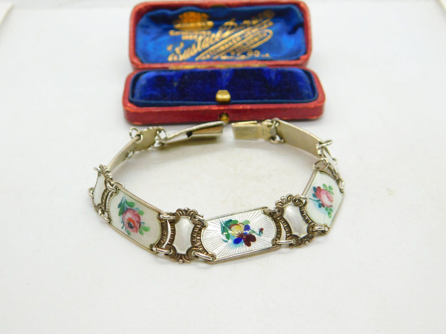 Norwegian Guilloche Enamel Flower Silver Bracelet Ivar T Holth Mid-Century c1950