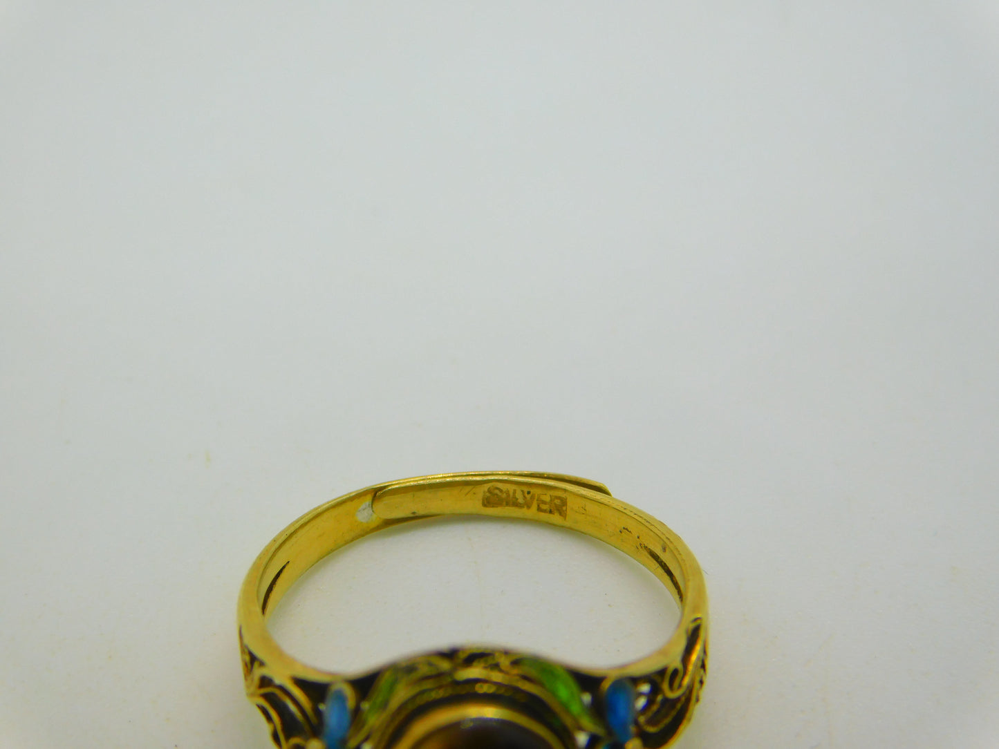 Chinese Sterling Silver Gilt, Cabochon Tiger's Eye & Enamel Floral Dress Ring c1950