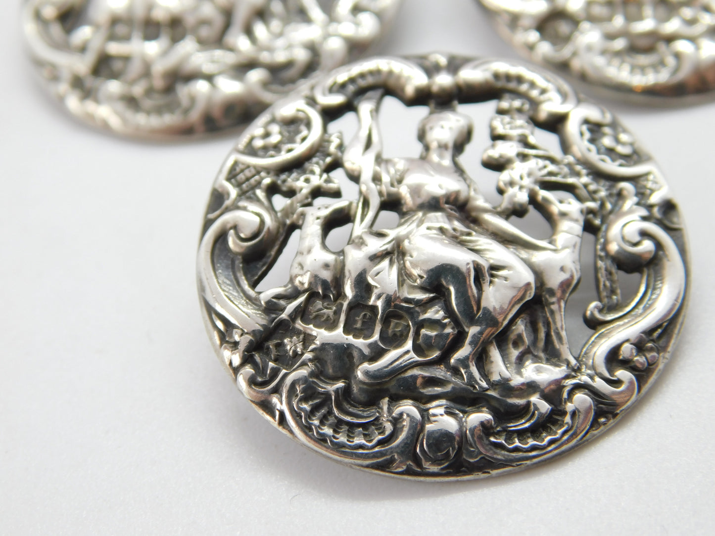 Victorian Sterling Silver Lady with Dog Dress Buttons 1901 London Antique