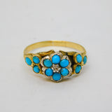 Victorian 15ct Yellow Gold, Turquoise & Diamond Floral Cluster Ring Antique