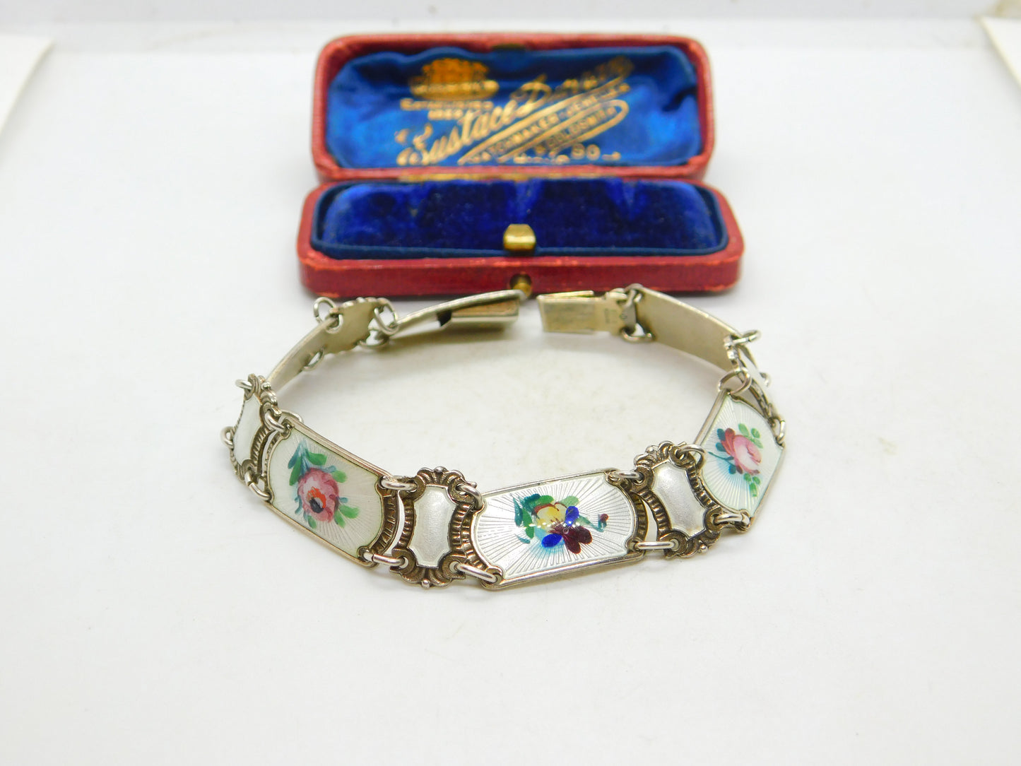 Norwegian Guilloche Enamel Flower Silver Bracelet Ivar T Holth Mid-Century c1950