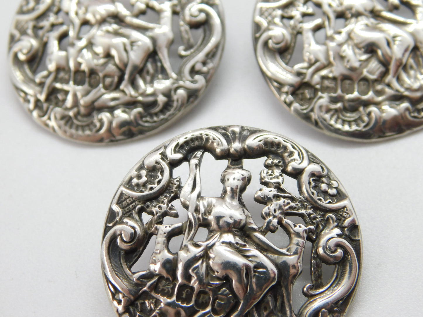 Victorian Sterling Silver Lady with Dog Dress Buttons 1901 London Antique