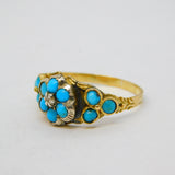 Victorian 15ct Yellow Gold, Turquoise & Diamond Floral Cluster Ring Antique