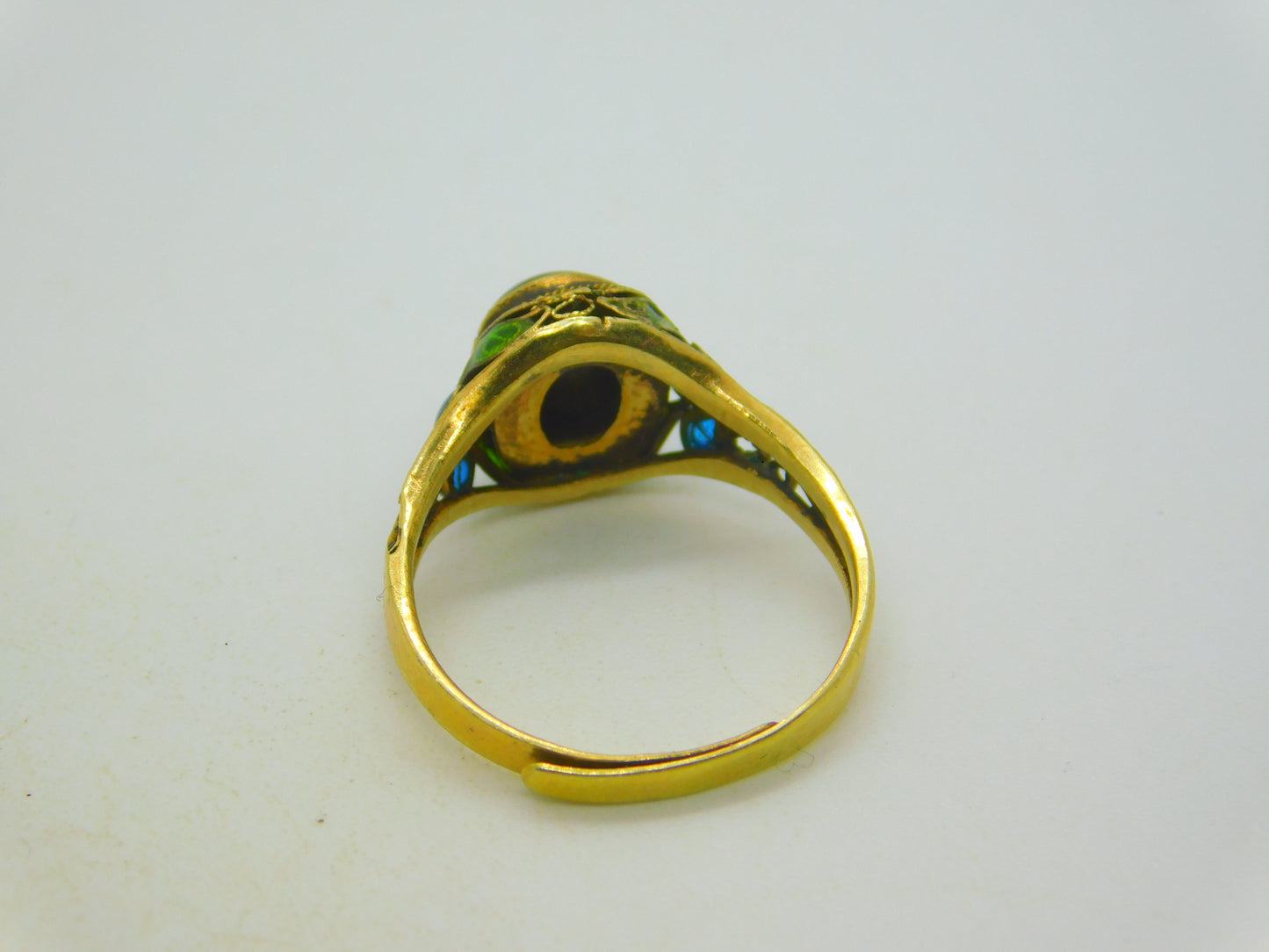 Chinese Sterling Silver Gilt, Cabochon Tiger's Eye & Enamel Floral Dress Ring c1950