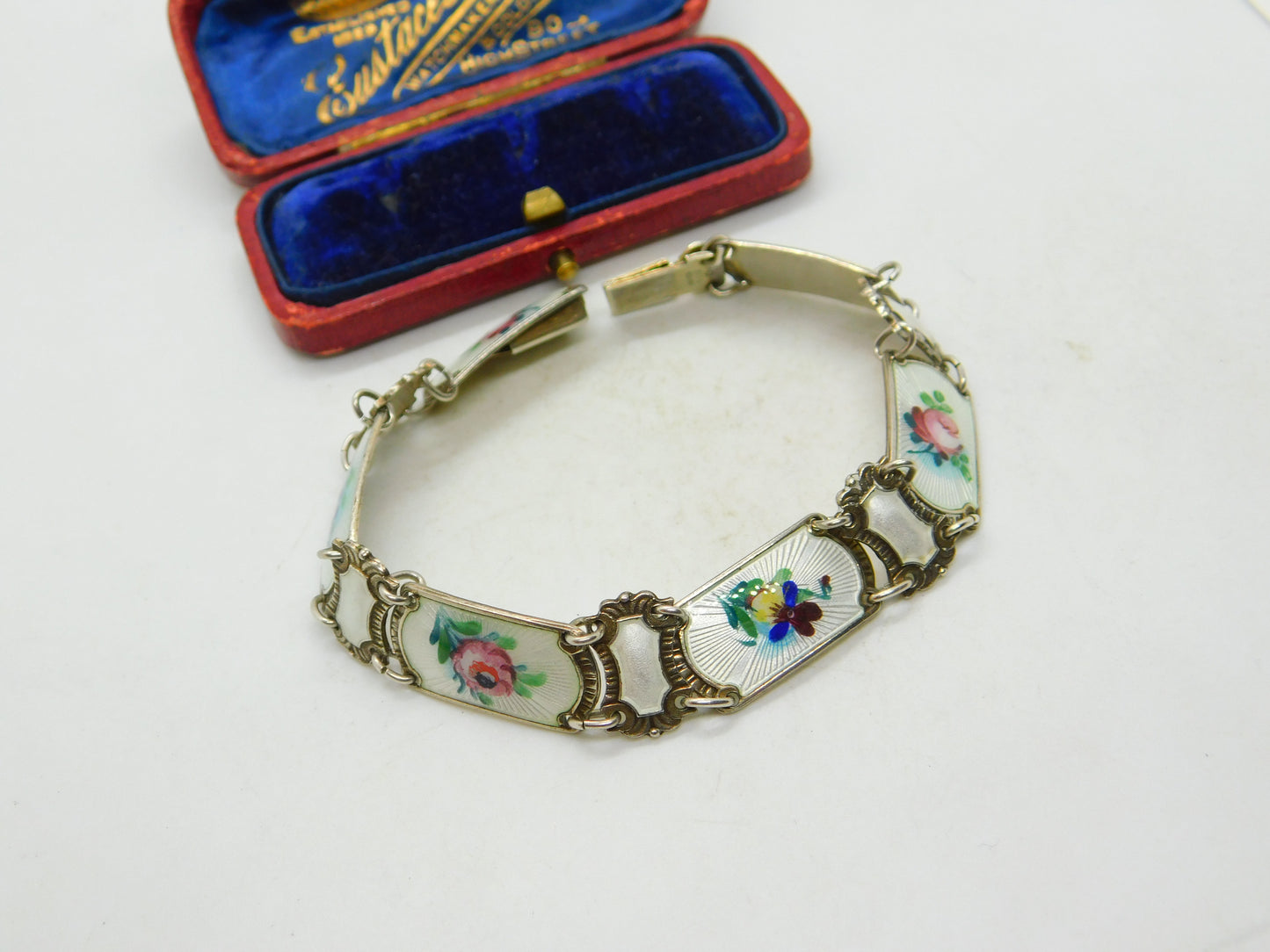 Norwegian Guilloche Enamel Flower Silver Bracelet Ivar T Holth Mid-Century c1950