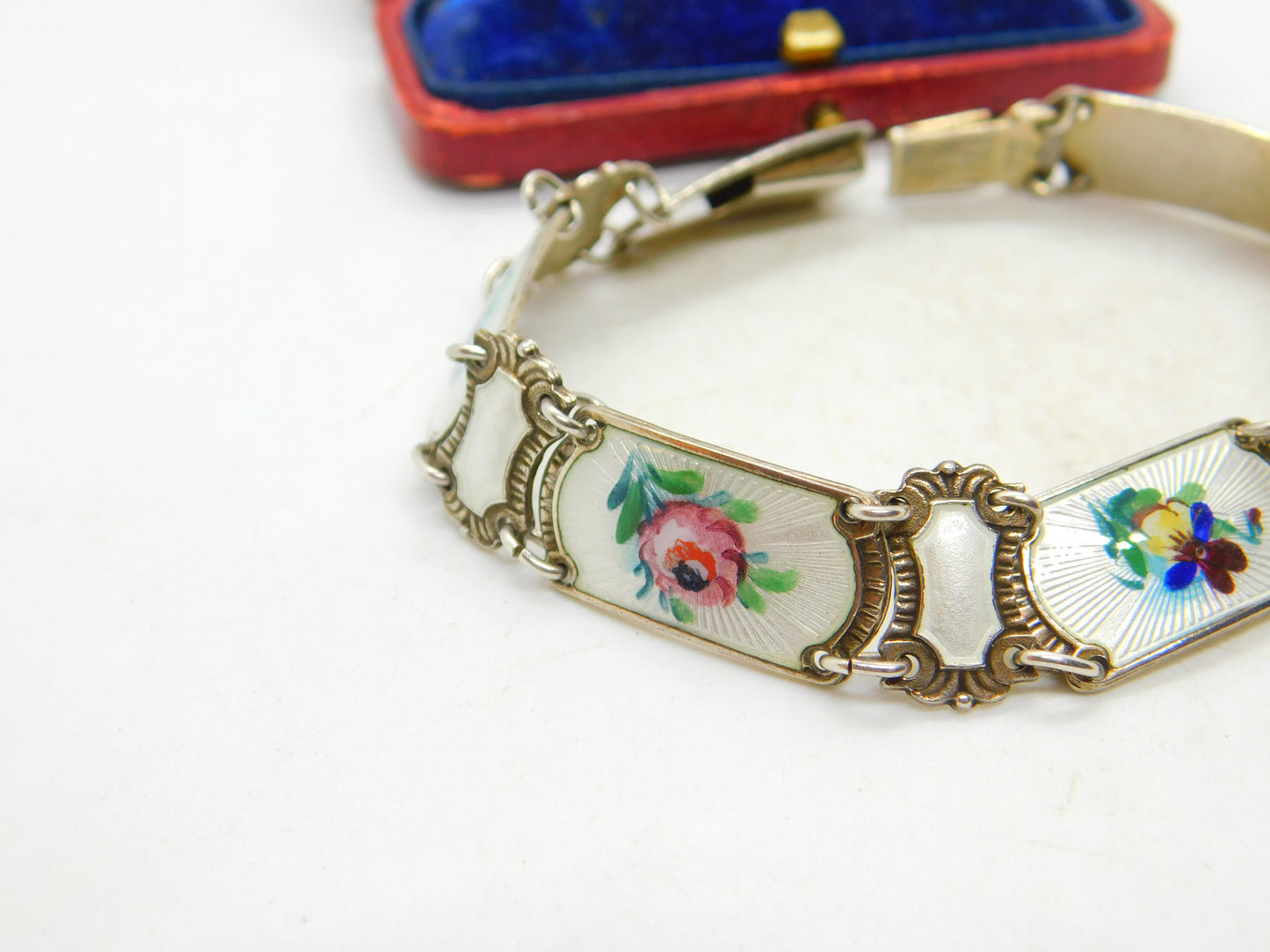 Norwegian Guilloche Enamel Flower Silver Bracelet Ivar T Holth Mid-Century c1950