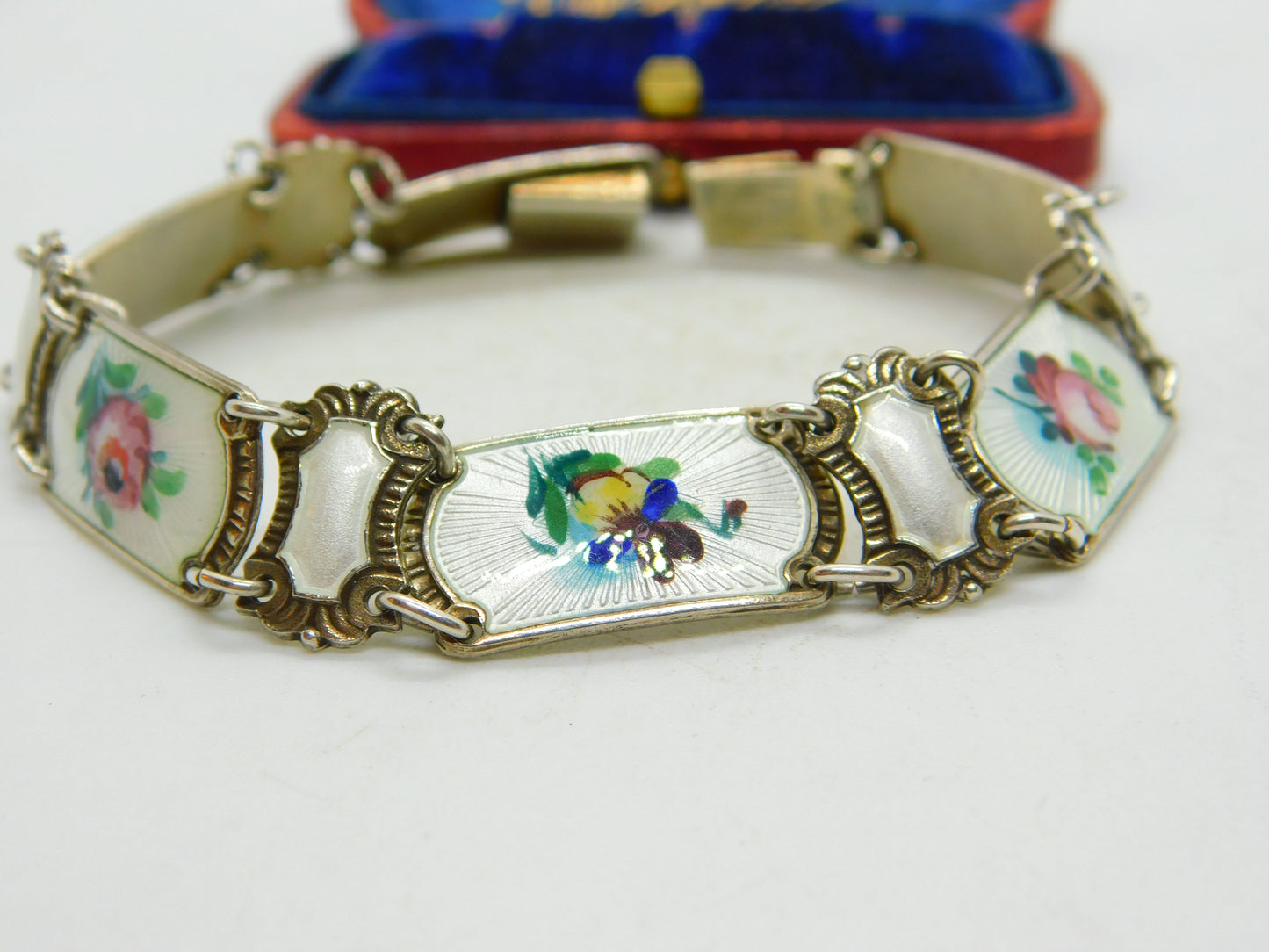 Norwegian Guilloche Enamel Flower Silver Bracelet Ivar T Holth Mid-Century c1950