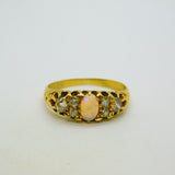 Victorian 18ct Yellow Gold, Cabochon Opal & 0.4ct Diamond Boat Ring Antique