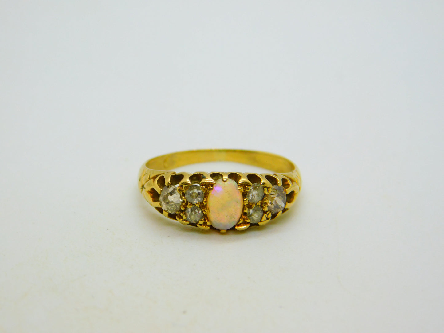 Victorian 18ct Yellow Gold, Cabochon Opal & 0.4ct Diamond Boat Ring Antique