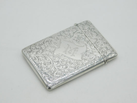 Edwardian Sterling Silver Floral Pattern Monogram Card Case Antique 1902 Birmingham