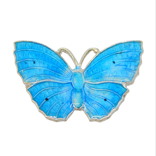 Sterling Silver Blue Guilloche Enamel Butterfly Brooch Antique c1920 Art Deco