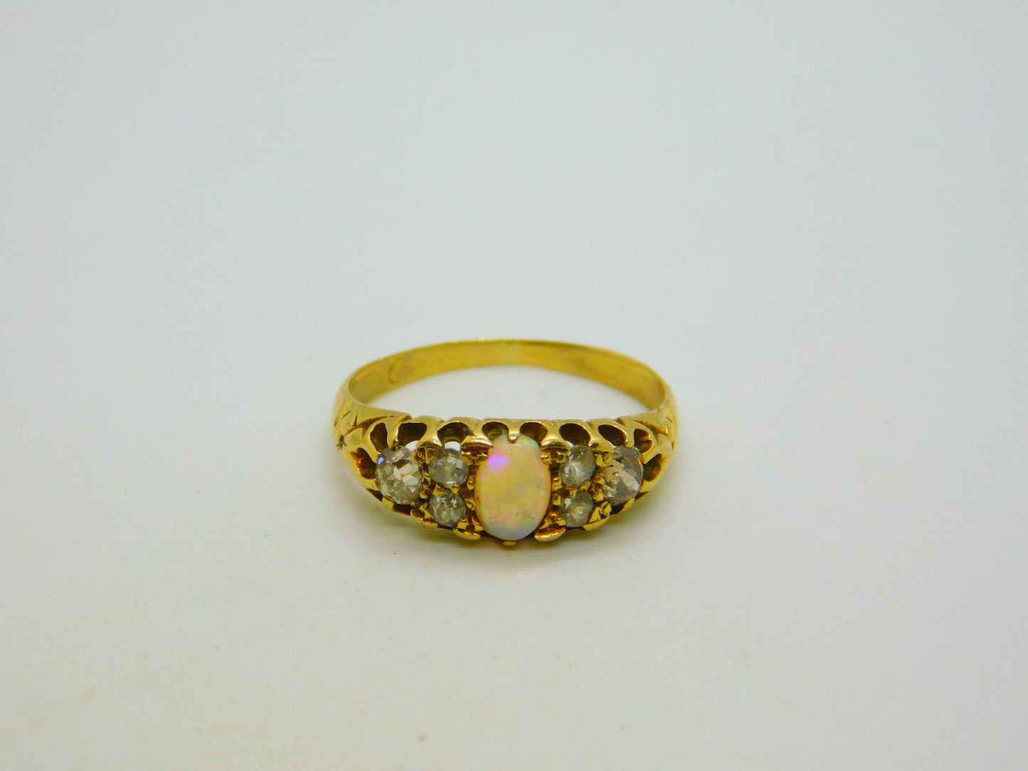Victorian 18ct Yellow Gold, Cabochon Opal & 0.4ct Diamond Boat Ring Antique