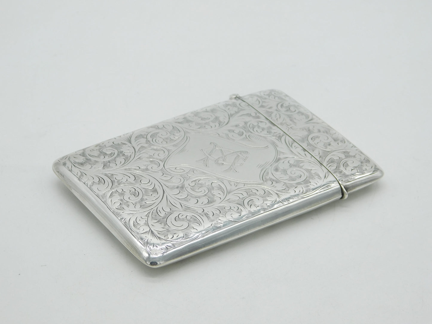 Edwardian Sterling Silver Floral Pattern Monogram Card Case Antique 1902 Birmingham