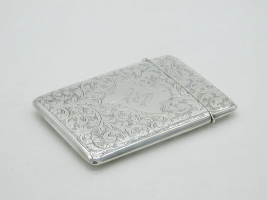 Edwardian Sterling Silver Floral Pattern Monogram Card Case Antique 1902 Birmingham