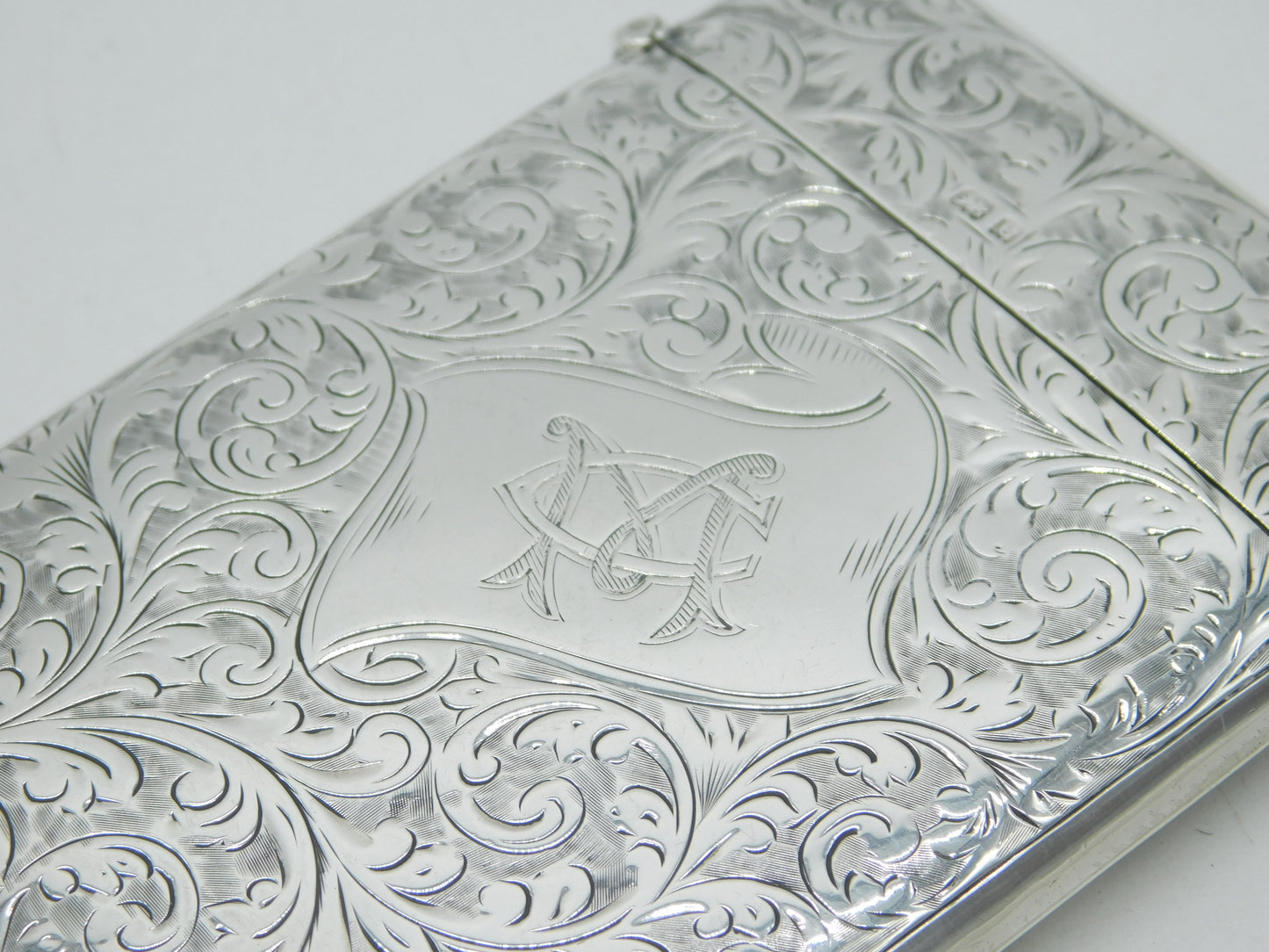 Edwardian Sterling Silver Floral Pattern Monogram Card Case Antique 1902 Birmingham