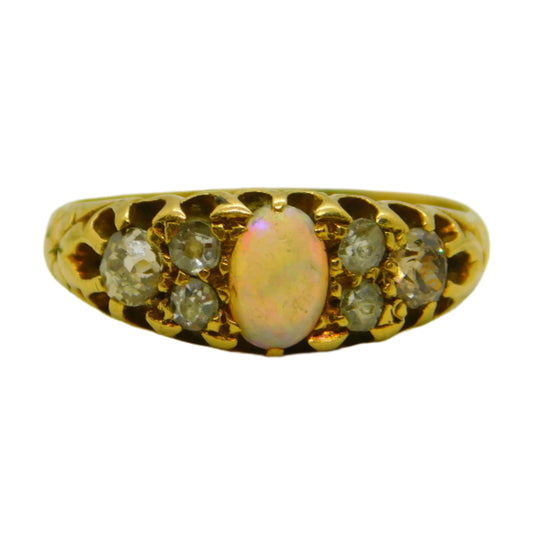 Victorian 18ct Yellow Gold, Cabochon Opal & 0.4ct Diamond Boat Ring Antique
