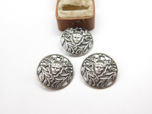 Victorian Set of Sterling Silver Dress Buttons Elizabethan Figure 1899 Antique