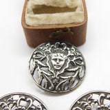 Victorian Set of Sterling Silver Dress Buttons Elizabethan Figure 1899 Antique