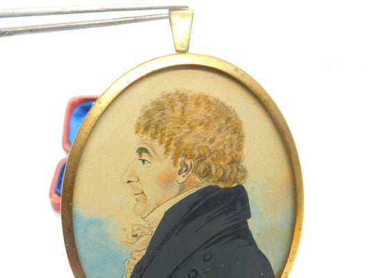 Georgian Watercolour On Card Framed Miniature Portrait Antique c1820 Gentleman