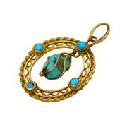 Victorian 9ct Yellow Gold & Turquoise Arts & Crafts Drop Pendant Antique
